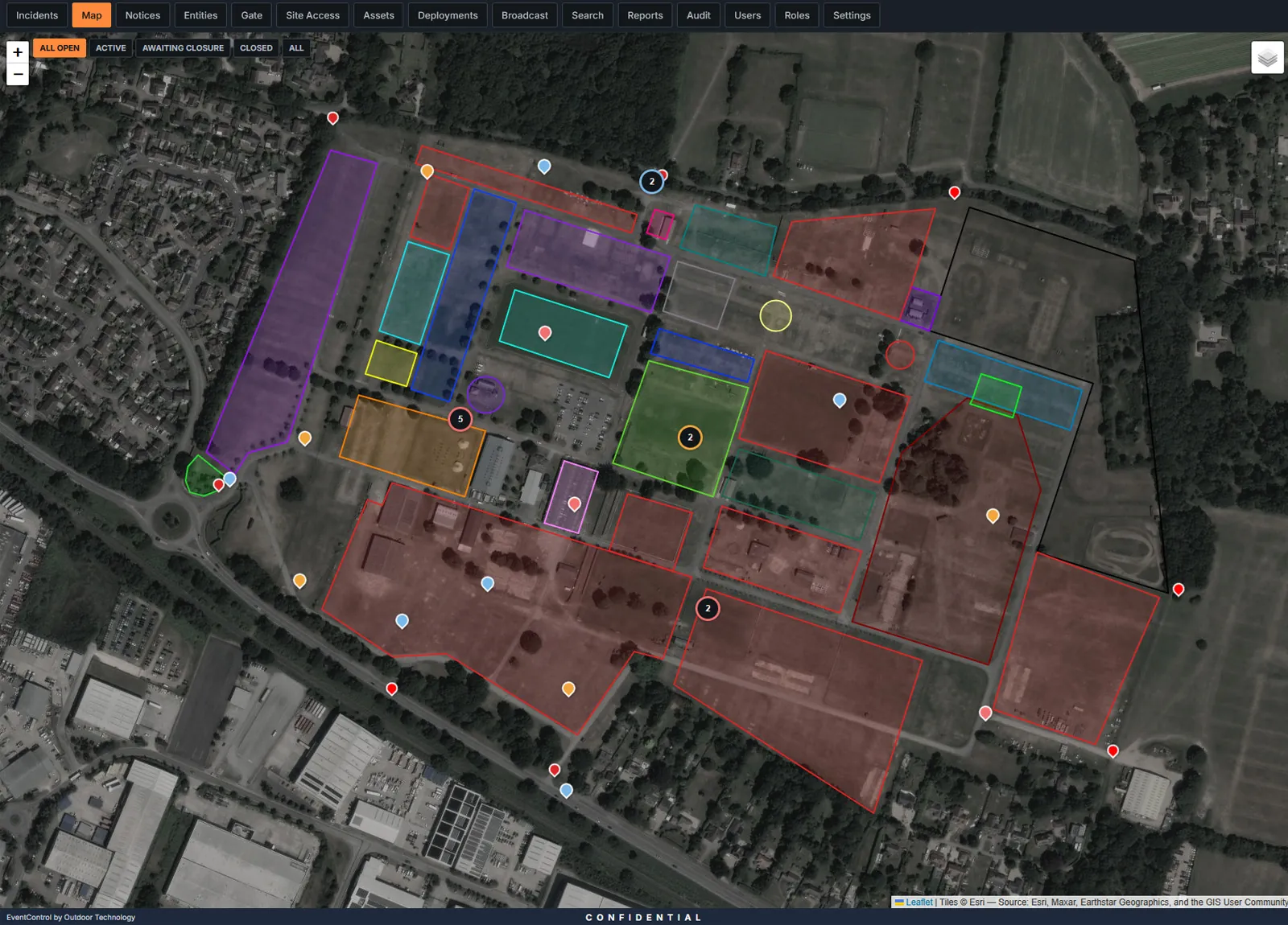 The EventControl live map: an aerial view of an event site with the site plan zones overlaid in colour and incidents pinned across it, colour-coded by priority.